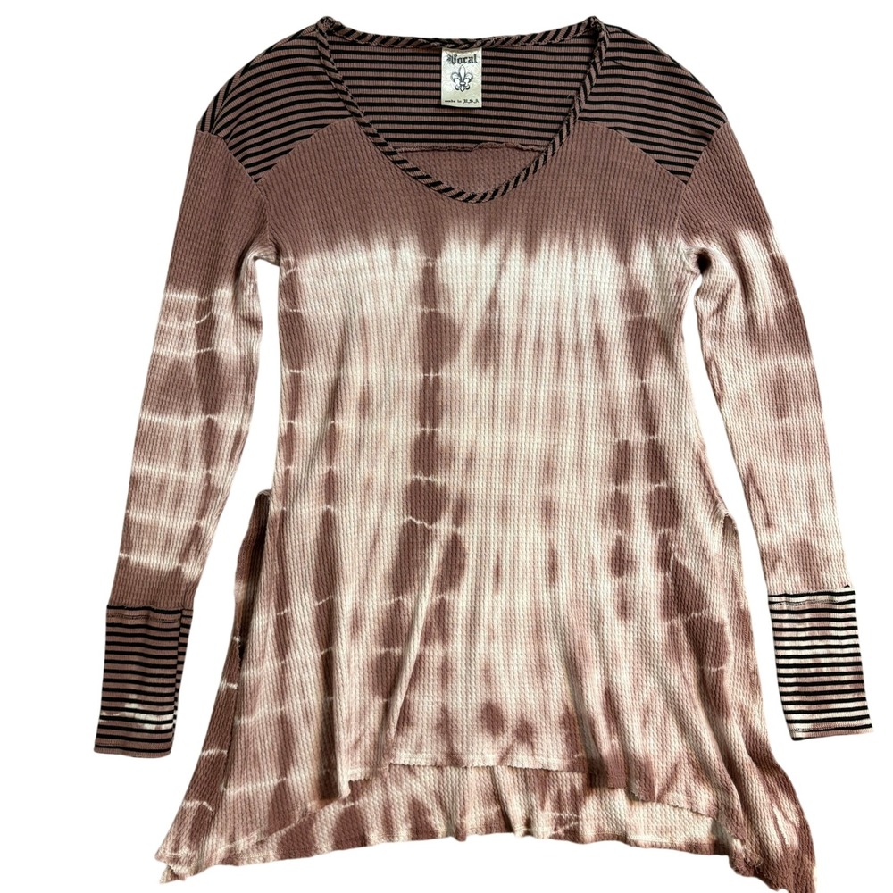 Vocal Women Mauve Tie Dye Thermal Tunic Waffle Knit Long Sleeve Top Size M